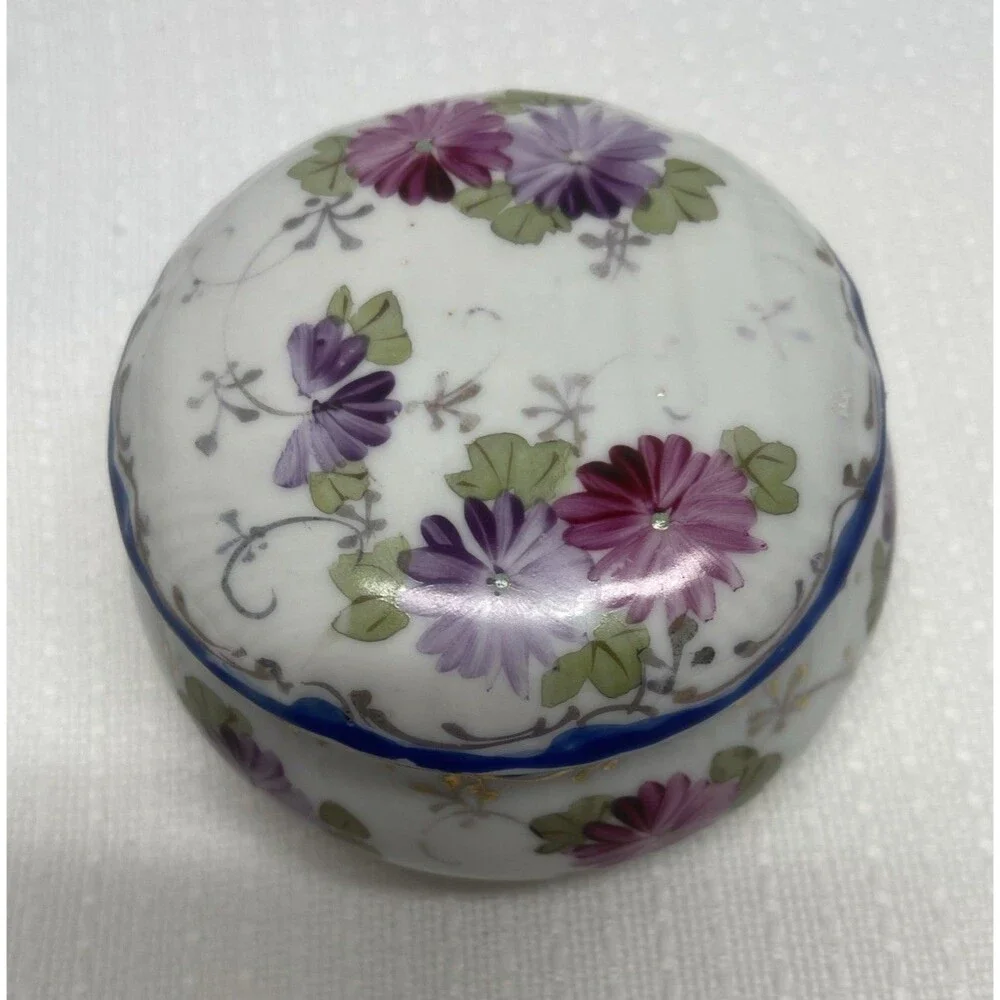 Vintage Covered Trinket Box w/ Lid Hand Painted Flowers Gift Decor Cottagecore